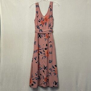 Floral Print Midi Dress Pink Belt Sleeveless Pockets Elegant Romantic Sundress M